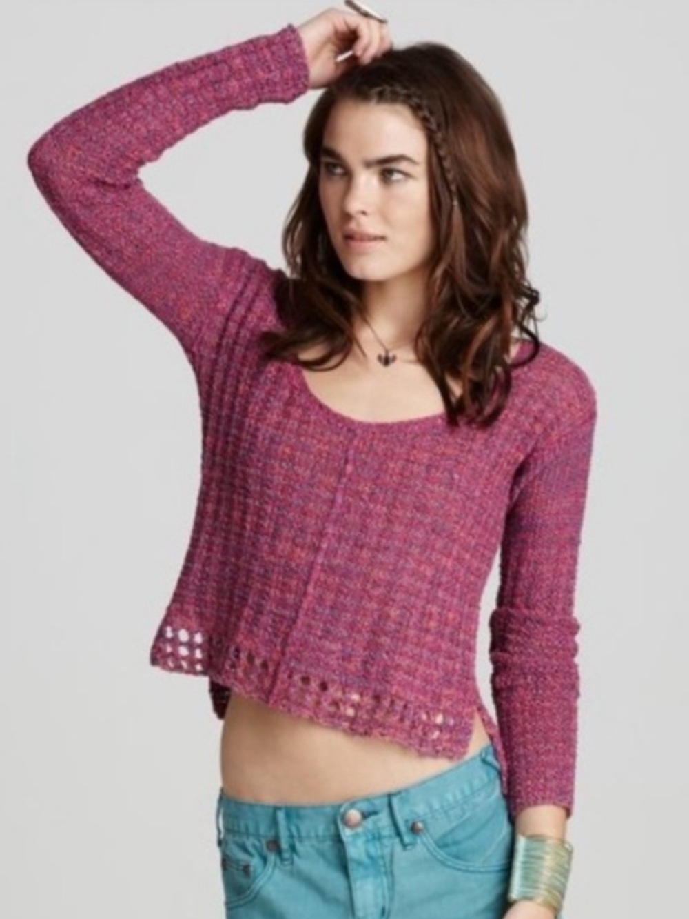 Free People Natal Crochet Crop Sweater Size Small Purple Boho